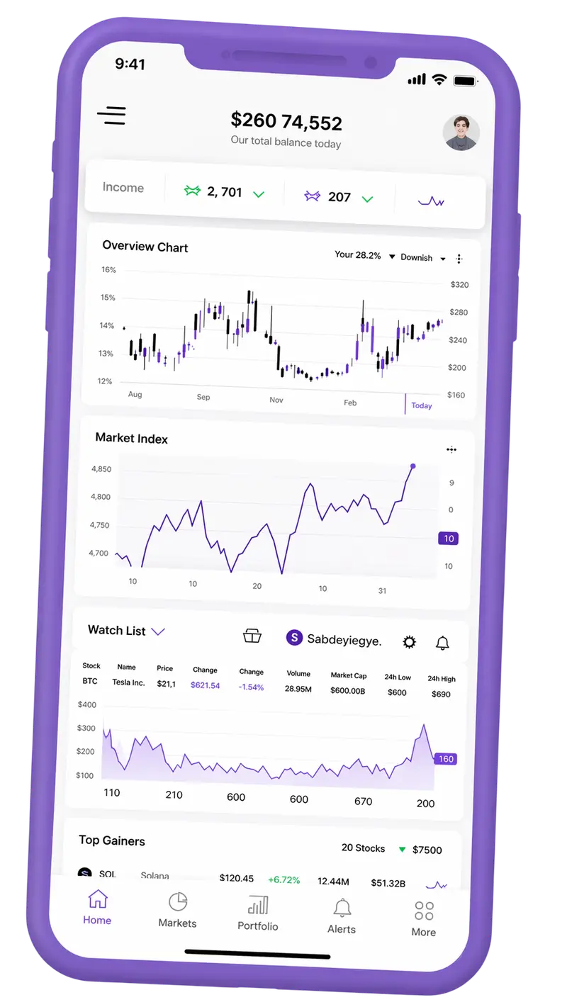 Mobile app interface displaying portfolio overview